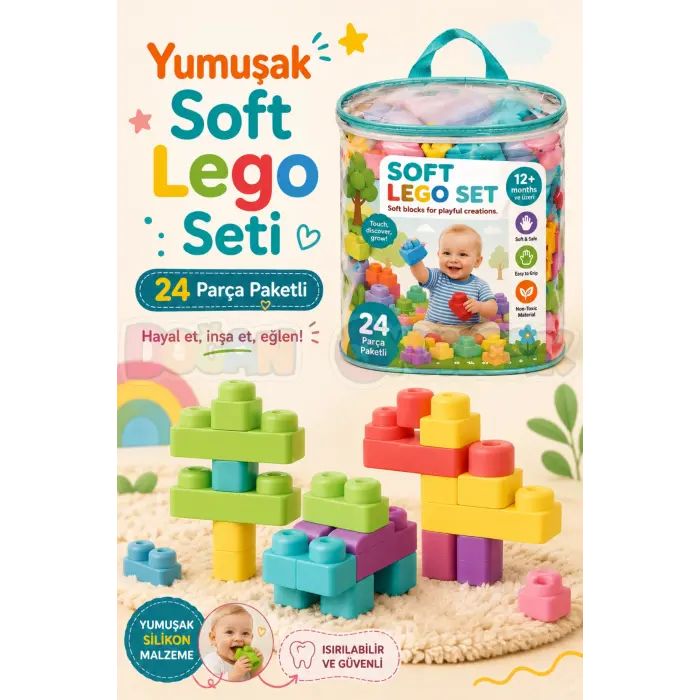 Yumuşak Soft Lego Seti 24 Parça Paketli - Büyük Yumuşak Bloklar - Büyük Soft Lego Oyuncakları - Yumuşak Lego - Soft Lego