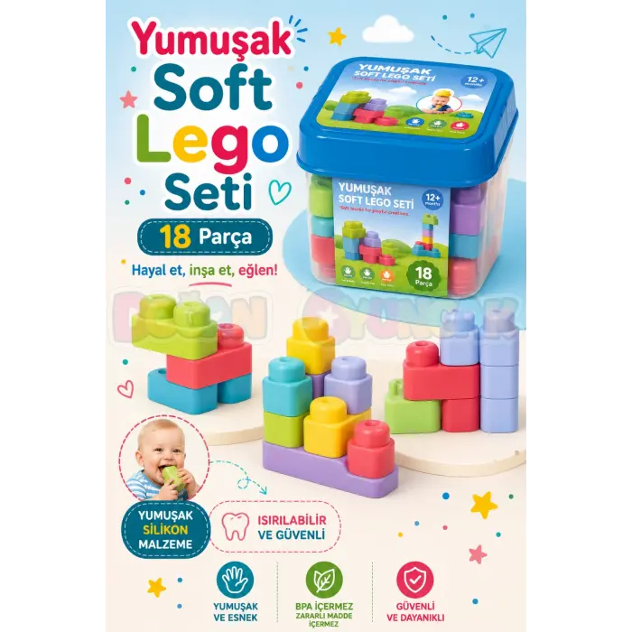 Yumuşak Soft Lego Seti 18 Parça - Büyük Yumuşak Bloklar - Büyük Soft Lego Oyuncakları - Yumuşak Lego - Soft Lego