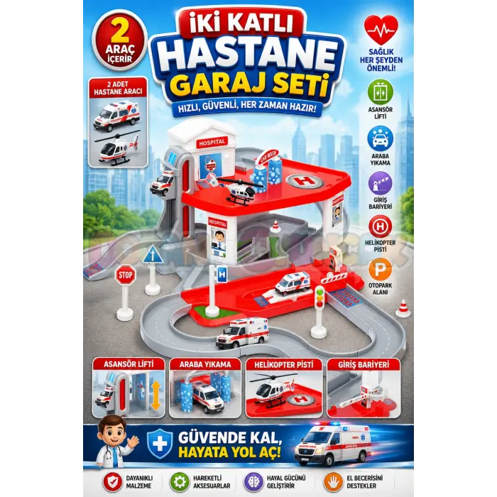 İki Katlı Hastane Garaj Seti - Otopark Seti - Araba Seti - Doktor Oyuncak - İki Katlı Garaj