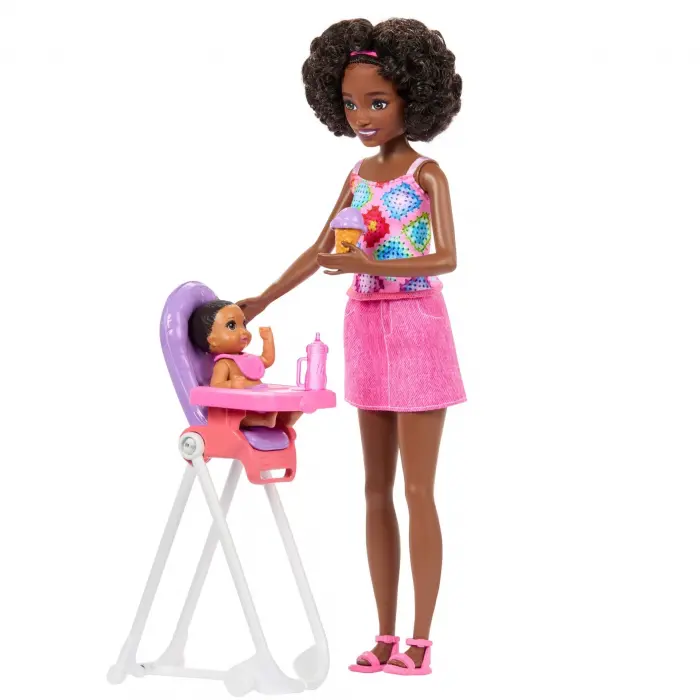 Barbie Skipper Bebek Bakıcısı Seti - Siyahi Mama Sandalyeli JKC16 - Barbie Oyuncak Barbie Bebek