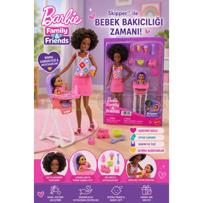 Barbie Skipper Bebek Bakıcısı Seti - Siyahi Mama Sandalyeli JKC16 - Barbie Oyuncak Barbie Bebek