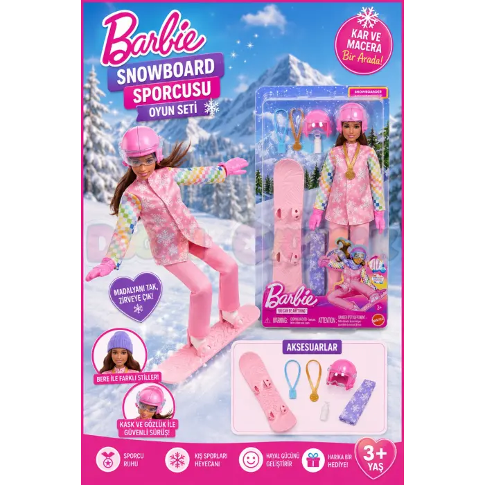 Barbie Snowboard Sporcusu Oyun Seti JKF78 - Barbie Oyuncak Barbie Bebek