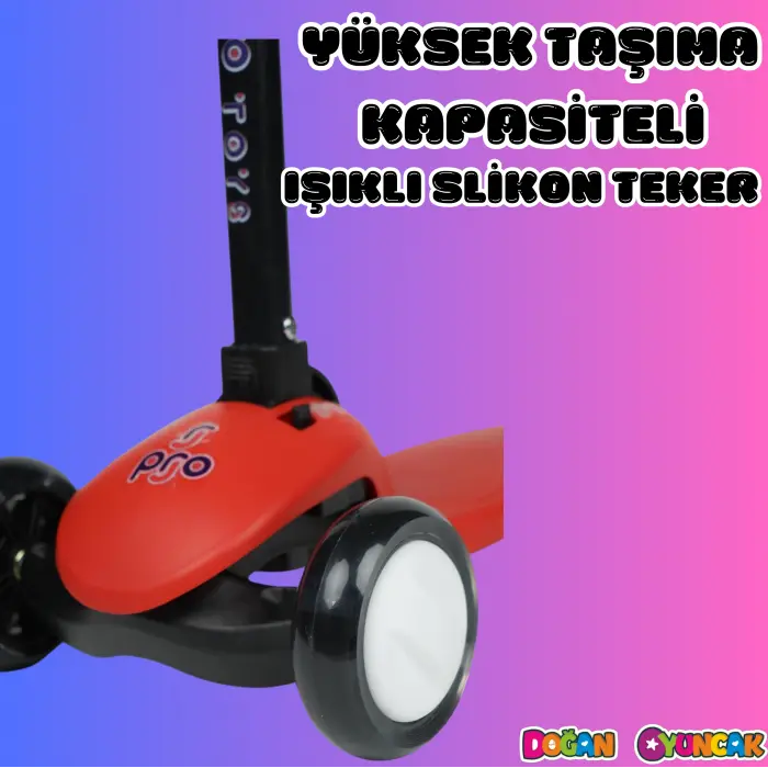 Lupa Katlanabilir Işıklı 3 Tekerlekli Kırmızı Scooter - Işıklı Scooter - Slikon Teker Scooter - Çocuk Scooter - İttir Git