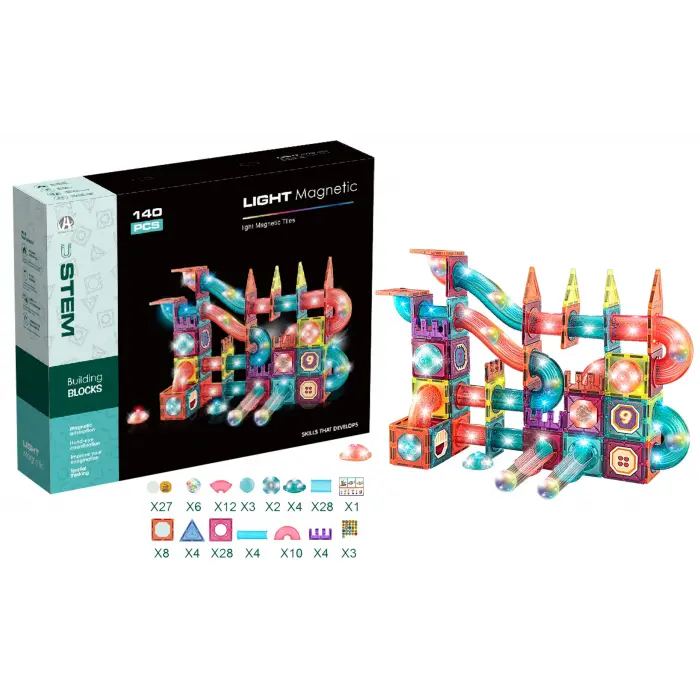 Orijinal Magnetic Tiles Light Version 140 Parça Işıklı Manyetik Lego - Magnetic Magical Işıklı Magnet - Ledli Mıknatıslı Lego