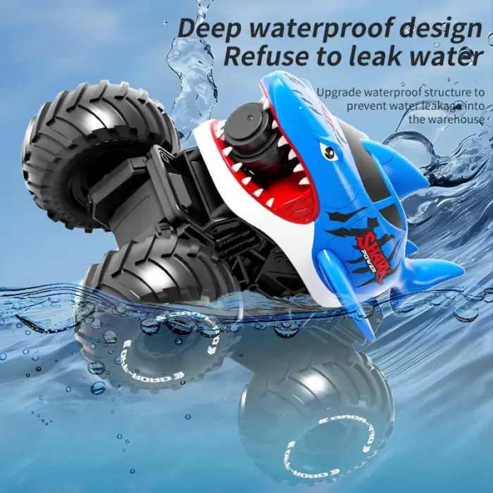 Shark Amphibious Racing Car Mavi - Uzaktan Kumandalı Su Atan Saatli Köpek Balığı - Saat Kontröllü
