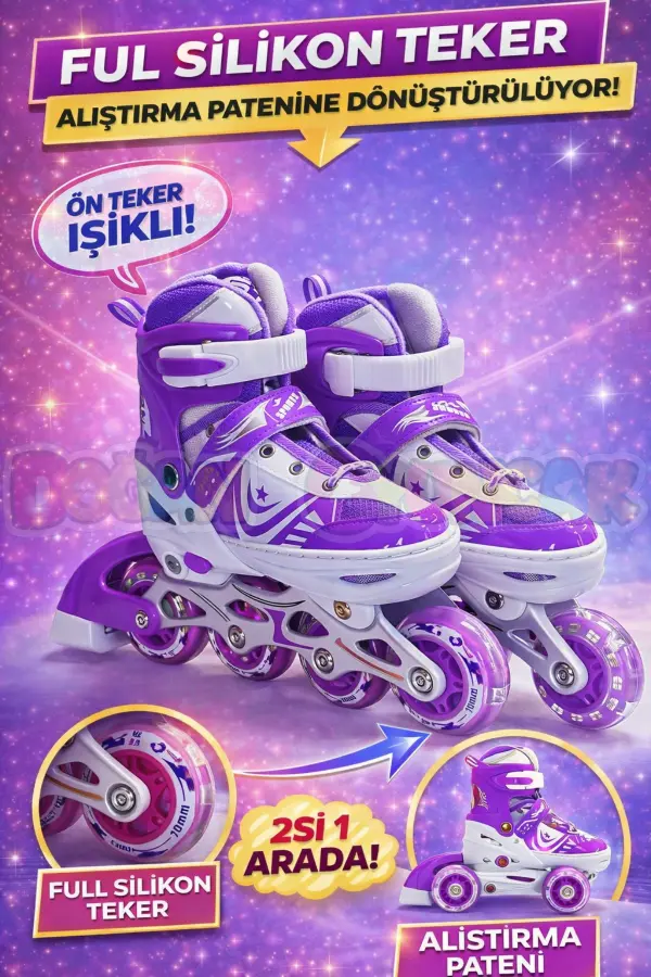 Slikon Tekerli Mor Paten 39-42 Numara - Silikon Tekerli Paten Alıştırma Pateni - Silikon Tekerlekli