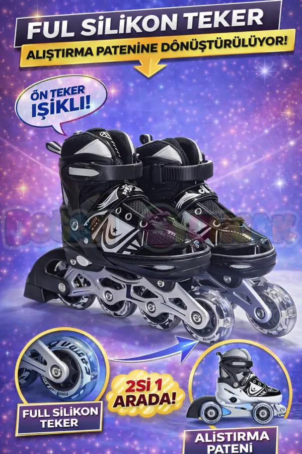 Slikon Tekerli Siyah Paten 39-42 Numara - Silikon Tekerli Paten Alıştırma Pateni - Silikon Tekerlekli