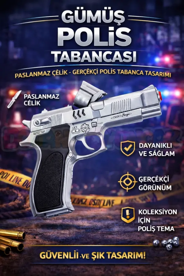 Mantar Patlatan Metal Gümüş Polis Tabancası - Metal Polis Silahı Çelik Mantar Silahı