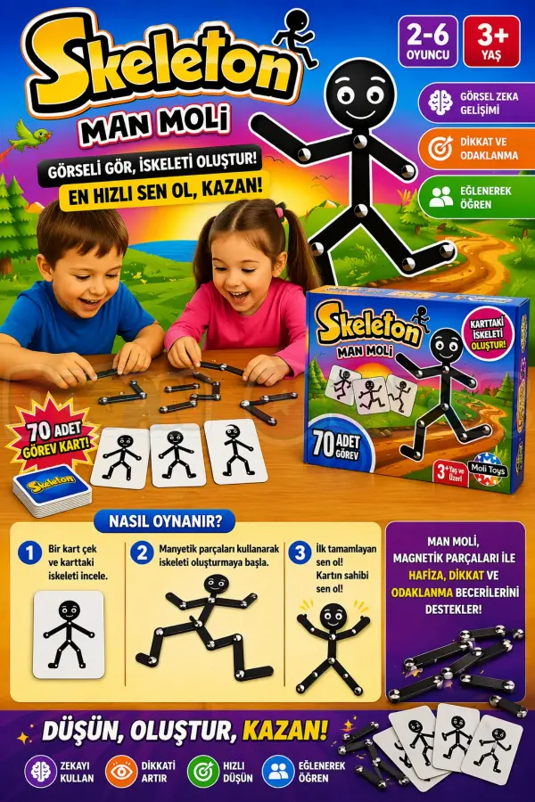 Çöp Adam Skeleton Man - Moli Kutu Oyunu Hafıza Dikkat Ve Beceri Oyunu Montessori Eğitici Oyuncak