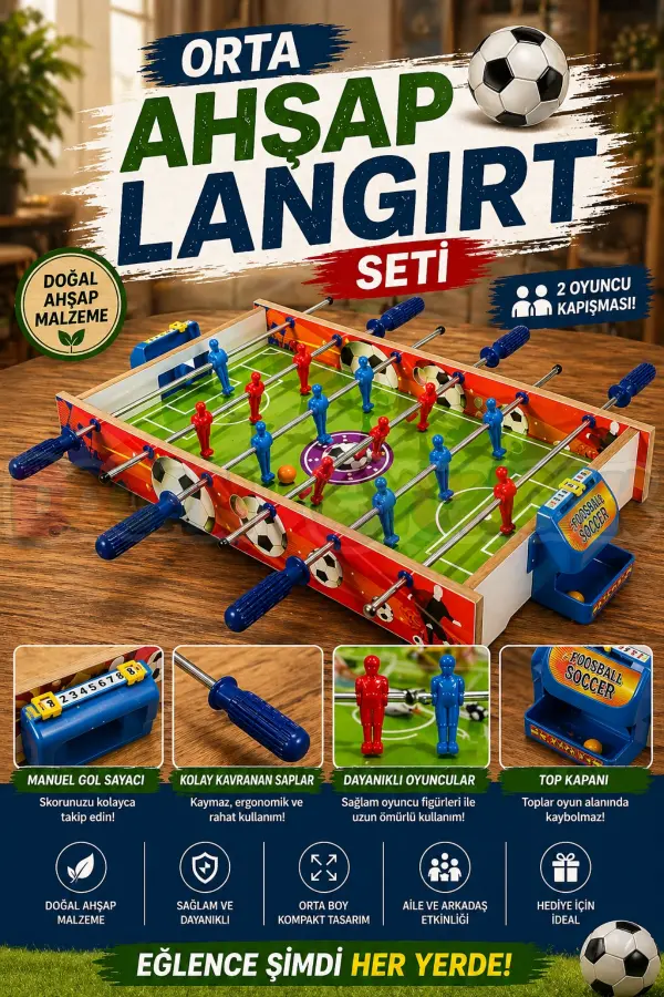 Orta Ahşap Langırt Seti - Ahşap Oyuncak - Futbol Oyuncakları - Top Oyuncak Langırt Setleri - Langırt Oyuncakları - Ahşap Masa Oyunu
