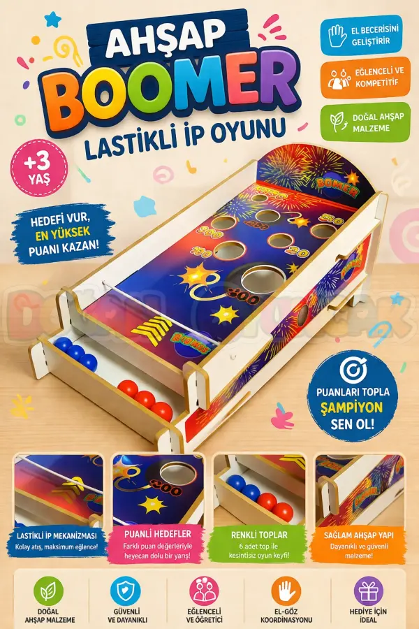 Ahşap Boomer Lastikli İp Oyunu - Pinball Oyunu - Deliğe Top Atma Oyunu - Pinbal Ahşap Oyuncak - Boomer Finger Oyunu
