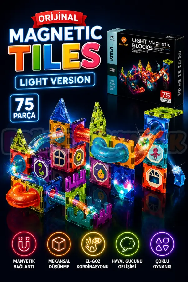 Orijinal Magnetic Tiles Light Version 75 Parça Işıklı Manyetik Lego - Magnetic Magical Işıklı Magnet - Ledli Mıknatıslı Lego
