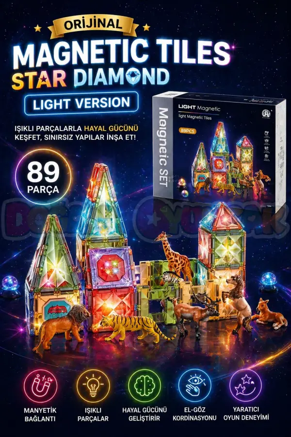 Orijinal Magnetic Tiles Star Diamond Light Version 89 Parça Işıklı Manyetik Lego - Mıknatıslı Lego Ledli Magnetic Işıklı Magnet