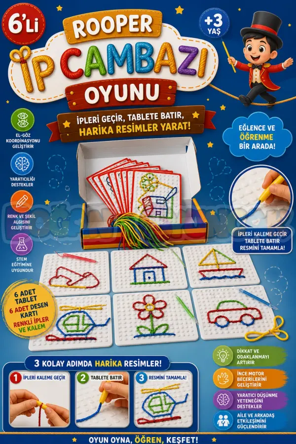 6lı Rooper İp Cambazı Oyunu - Oyuncak İp Geçirme - Resim Oyunu Rooper Oyunu - Anaokulu Oyuncak