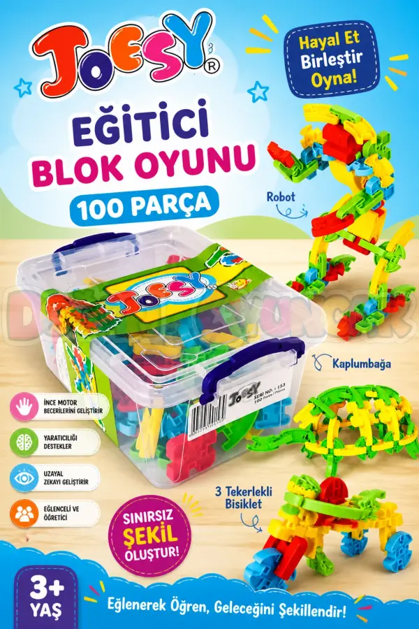 Joesy Eğitici Blok Oyunu 100 Parça - Oyuncak Lego Seti - Birbirine Geçmeli STEM Lego Seti - Eğitici Oyuncak