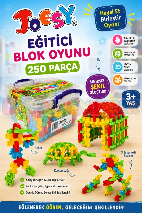 Joesy Eğitici Blok Oyunu 250 Parça - Oyuncak Lego Seti - Birbirine Geçmeli STEM Lego Seti - Eğitici Oyuncak