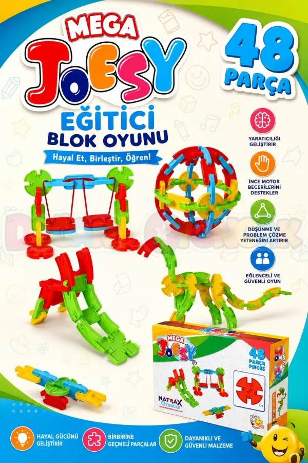 Mega Joesy Eğitici Blok Oyunu 48 Parça - Oyuncak Lego Seti - Birbirine Geçmeli STEM Lego Seti - Eğitici Oyuncak