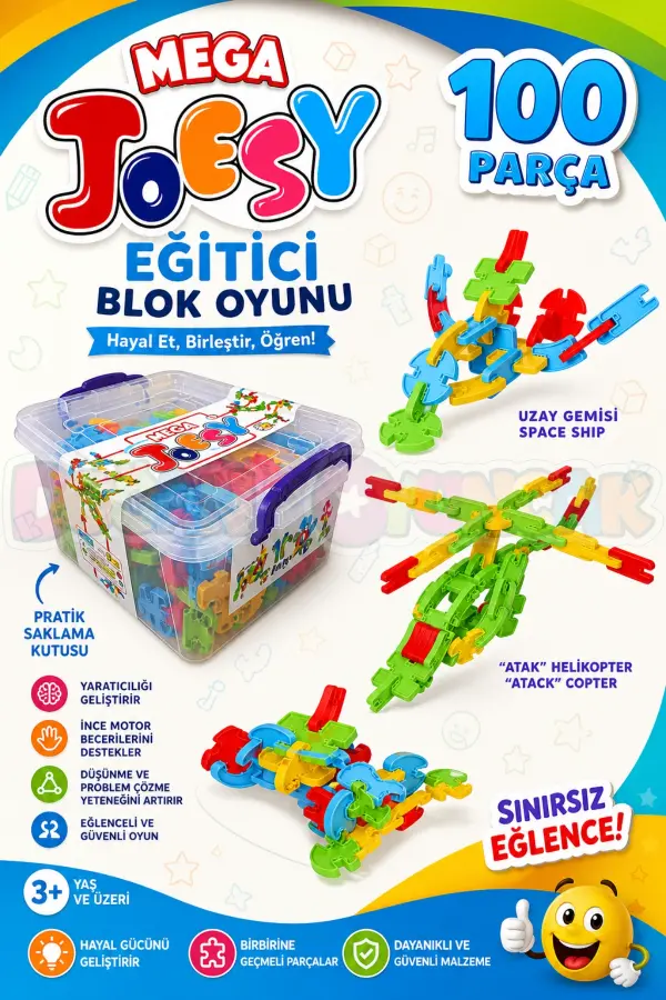 Mega Joesy Eğitici Blok Oyunu 100 Parça - Oyuncak Lego Seti - Birbirine Geçmeli STEM Lego Seti - Eğitici Oyuncak