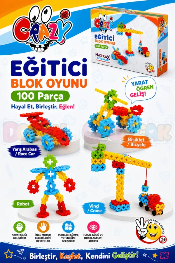 Crazy Eğitici Blok Oyunu 100 Parça - Oyuncak Lego Seti - Birbirine Geçmeli STEM Lego Seti - Eğitici Oyuncak