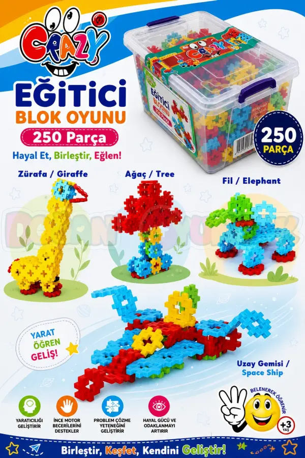 Crazy Eğitici Blok Oyunu 250 Parça - Oyuncak Lego Seti - Birbirine Geçmeli STEM Lego Seti - Eğitici Oyuncak