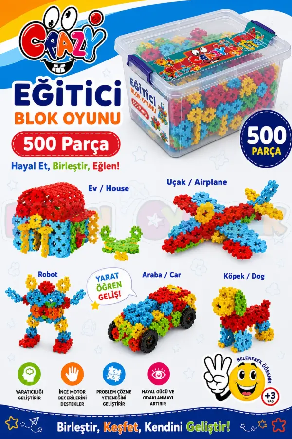 Crazy Eğitici Blok Oyunu 500 Parça - Oyuncak Lego Seti - Birbirine Geçmeli STEM Lego Seti - Eğitici Oyuncak