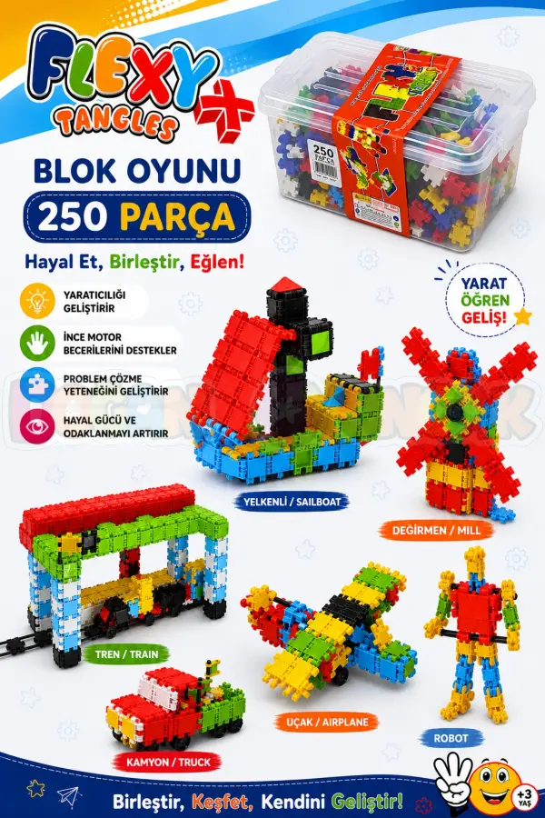 Flexy Tangles Blok Oyunu 250 Parça - Oyuncak Lego Seti - Birbirine Geçmeli STEM Lego Seti - Eğitici Oyuncak
