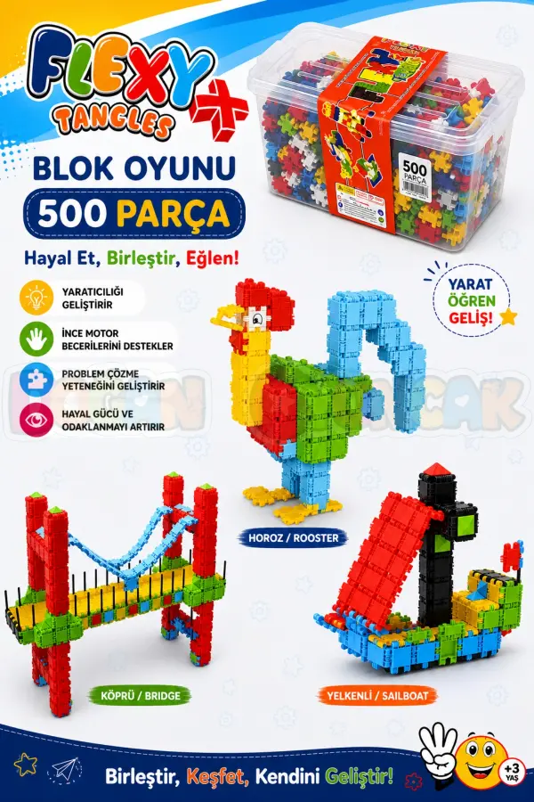 Flexy Tangles Blok Oyunu 500 Parça - Oyuncak Lego Seti - Birbirine Geçmeli STEM Lego Seti - Eğitici Oyuncak