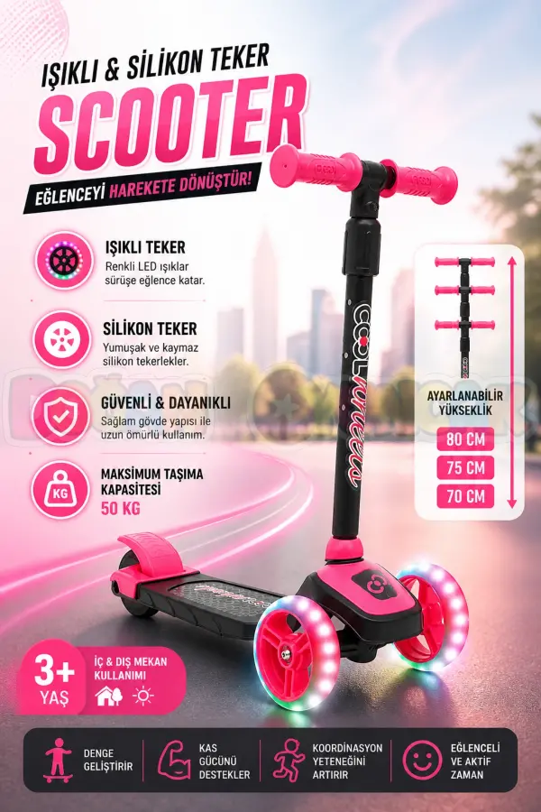 Cool Wheels Pembe Twist Işıklı 3 Tekerlekli Scooter - Işıklı Scooter - CoolWheels Scooter - Çocuk Scooter - İttir Git