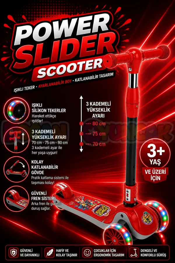Power Slider Kırmızı Katlanabilir 3 Tekerlekli Scooter - Işıklı Scooter - Çocuk Scooter - Slikon Teker