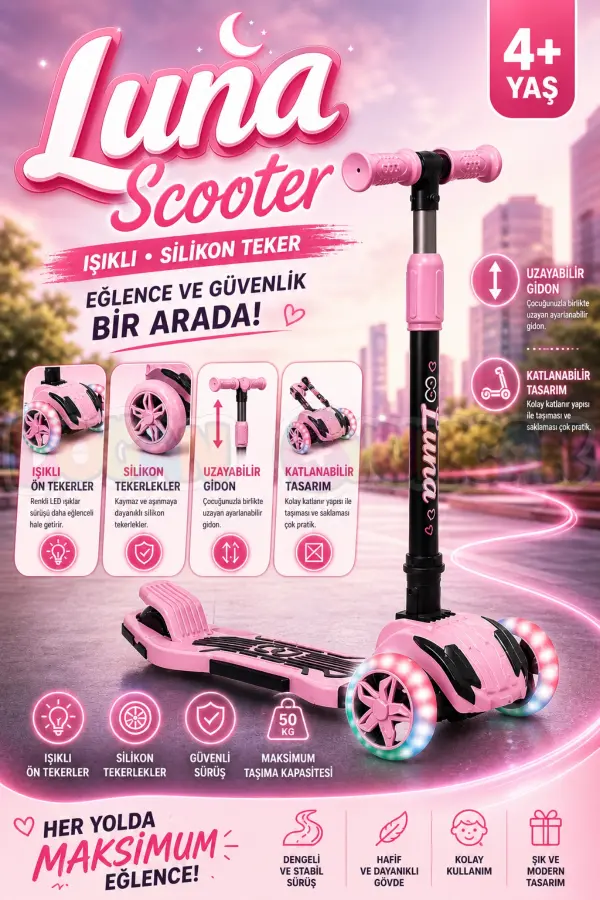 Cool Wheels Pembe Luna Işıklı 3 Tekerlekli Katlanabilir Scooter - CoolWheels Scooter - Çocuk Scooter