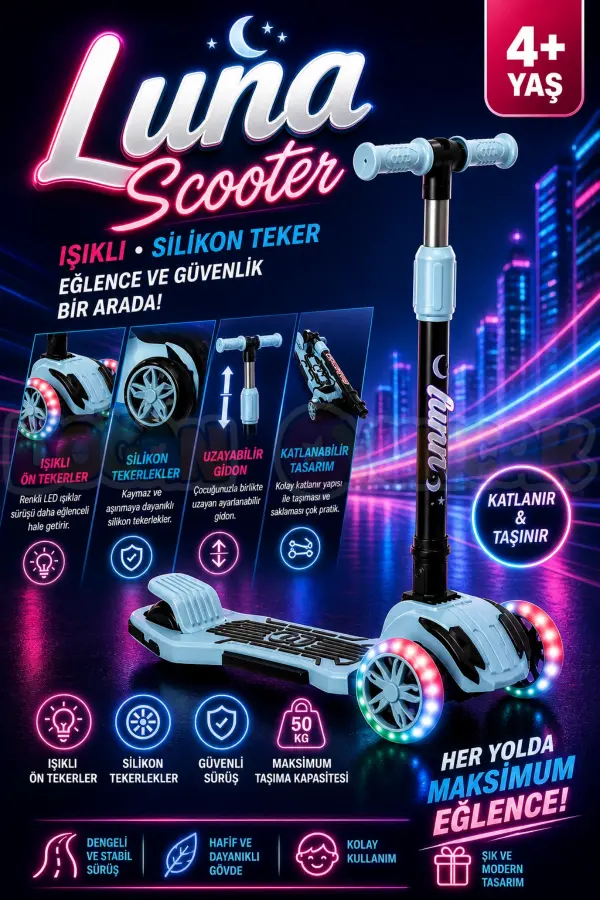 Cool Wheels Mavi Luna Işıklı 3 Tekerlekli Katlanabilir Scooter - CoolWheels Scooter - Çocuk Scooter