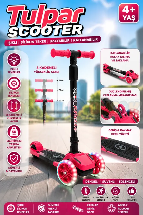 Cool Wheels Pembe Tulpar Işıklı 3 Tekerlekli Katlanabilir Scooter - CoolWheels Scooter - Çocuk Scooter