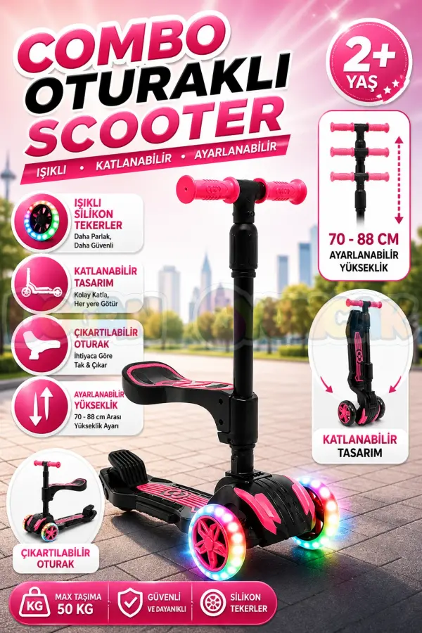 Cool Wheels Oturaklı Pembe Combo Işıklı 3 Tekerlekli Katlanabilir Scooter - CoolWheels Scooter - Çocuk Scooter