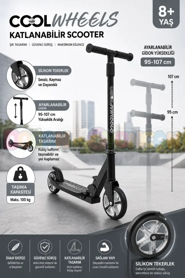 Cool Wheels 8+ Yaş Gri 2 Tekerlekli Katlanabilir Scooter - CoolWheels Scooter - Çocuk Scooter