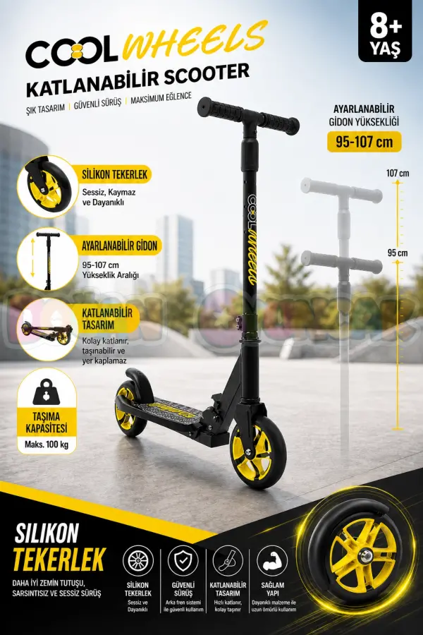 Cool Wheels 8+ Yaş Sarı 2 Tekerlekli Katlanabilir Scooter - CoolWheels Scooter - Çocuk Scooter
