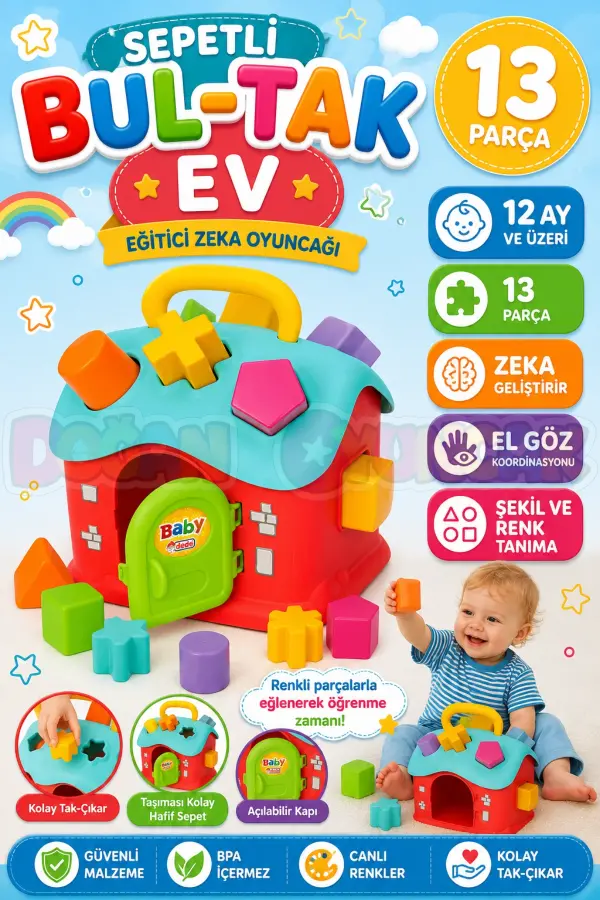 Sepetli Bul-Tak Ev - Bultak Lego - Bebek Oyuncağı - Şekil Takmaca - Blok Yerleştirme Oyunu Eğitici Oyuncak