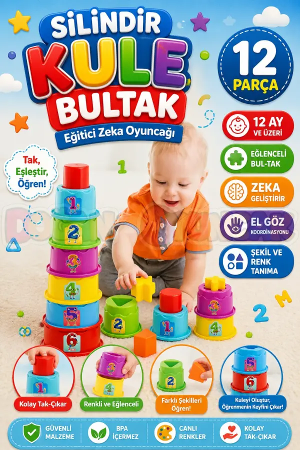 Silindir Kule Bultak - Bultak Lego - Bebek Oyuncağı - Şekil Takmaca - Kule Oyunu