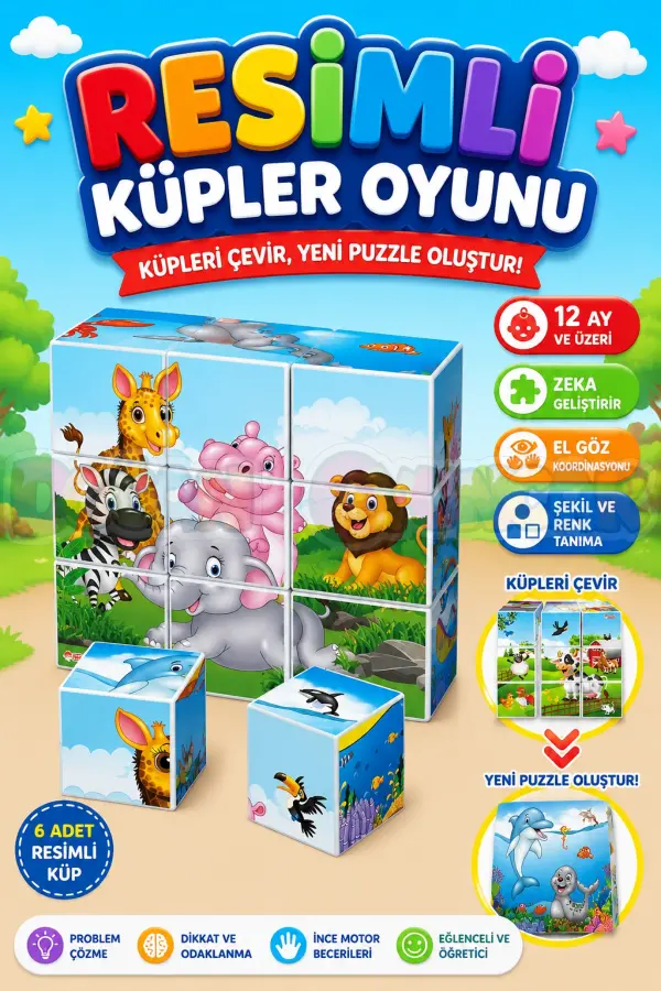 Resimli Küpler Oyunu - Görsel Lego - Bebek Oyuncağı - Resim Tamamla