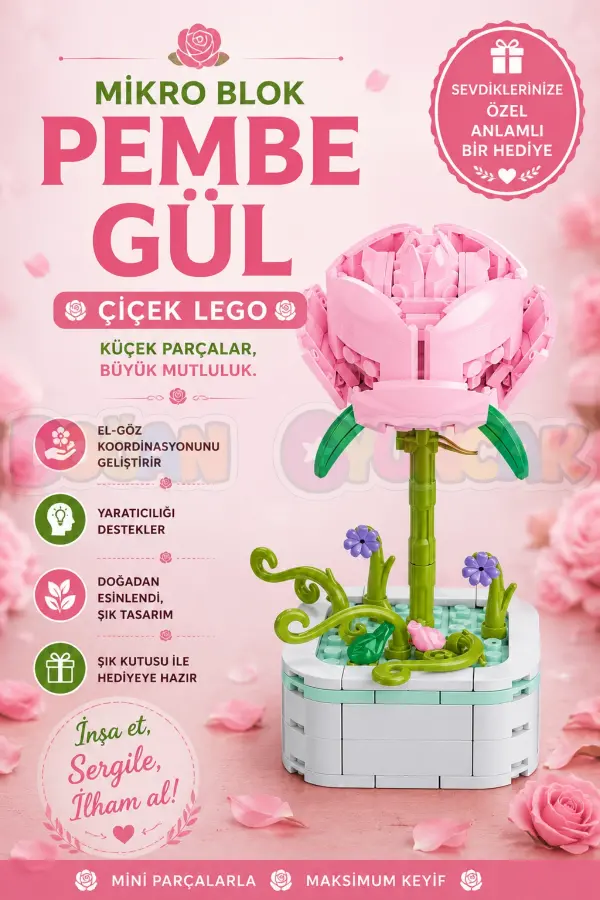 Mikro Blok Pembe Gül Çiçek Lego - Lego Setleri Mini Lego - Çiçek Lego - Blossom Çiçek Lego
