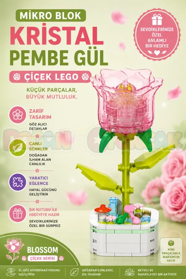 Mikro Blok Kristal Pembe Gül Çiçek Lego - Lego Setleri Mini Lego - Çiçek Lego - Blossom Çiçek Lego