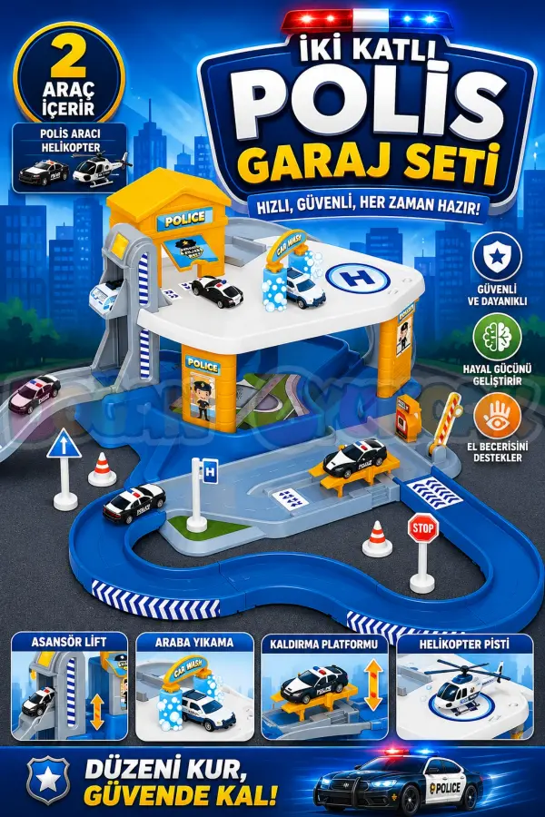 İki Katlı Polis Garaj Seti - Otopark Seti - Araba Seti - Araç Seti - Araba Oyunu - İki Katlı Garaj