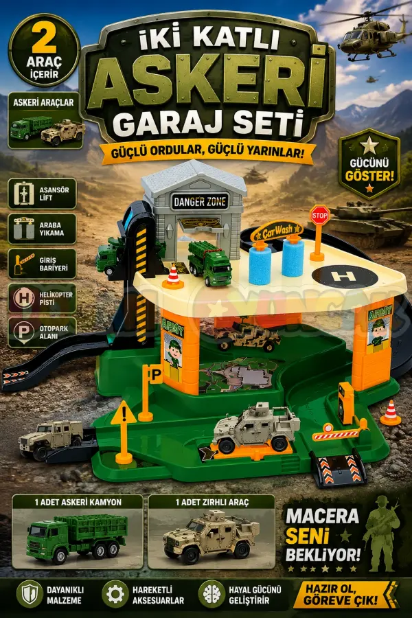 İki Katlı Askeri Garaj Seti - Otopark Seti - Araba Seti - Askeri Oyuncak - İki Katlı Garaj