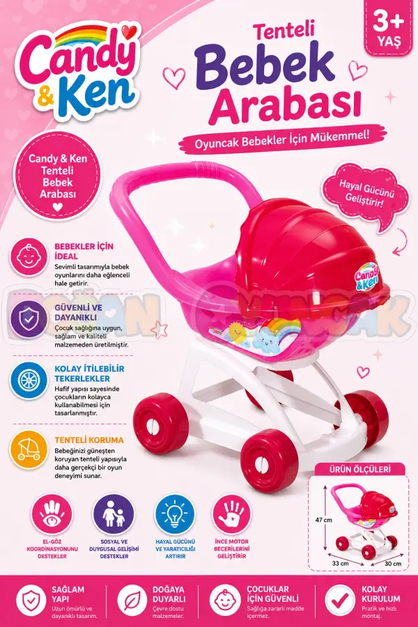 Candy & Ken Tenteli Bebek Arabası - Ev Eşyaları Seti - Ev Oyuncakları Seti - Puset Araba