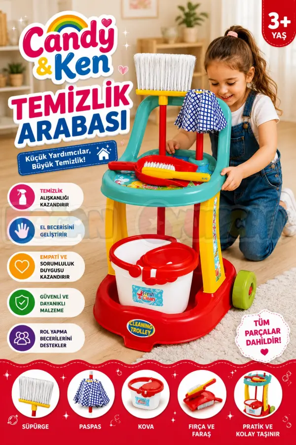 Candy & Ken Temizlik Arabası - Ev Eşyaları Seti - Ev Oyuncakları Seti - Vileda Seti