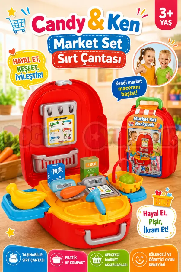 Candy & Ken Market Set Sırt Çantası - Kasiyer Oyuncağı - Market Setleri - Mutfak Oyuncakları