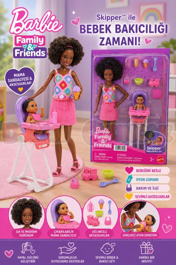 Barbie Skipper Bebek Bakıcısı Seti - Siyahi Mama Sandalyeli JKC16 - Barbie Oyuncak Barbie Bebek