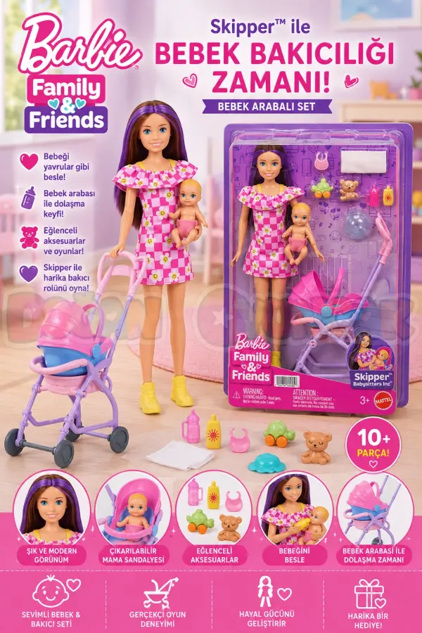 Barbie Skipper Bebek Bakıcısı Seti - Bebek Arabalı JJB42 - Barbie Oyuncak Barbie Bebek