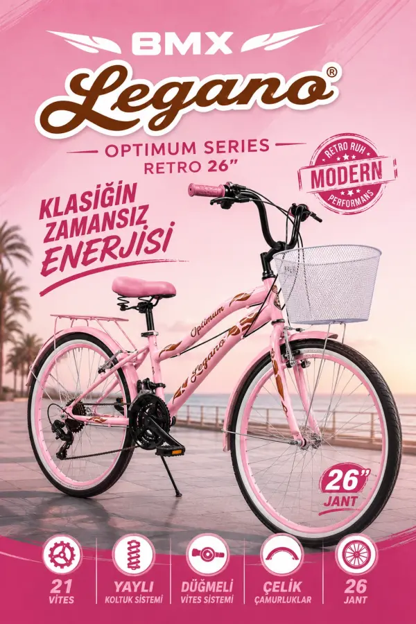 BMX Legano Optimum Series Retro 26 Jant Bisiklet Pembe - 21 Vites 26 Jant Bisiklet