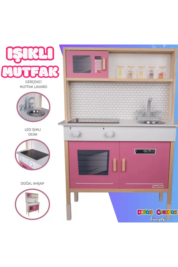 Delüx Işıklı Hamarat Ahşap Mutfak - Ahşap Çocuk Mutfağı - Mutfak Seti - Kapaklı Mutfak - Pembe