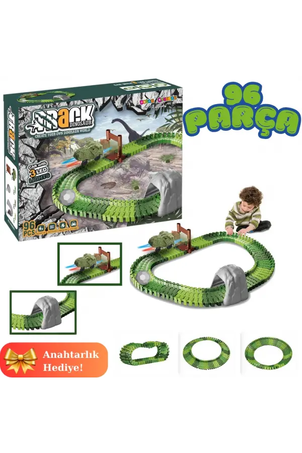 Dinozor Trucks 96 Parça Raylı Pist - Raylı Araç Oyuncak - Tren Oyuncak - Renkli Araç Yolu - Dino Trucks